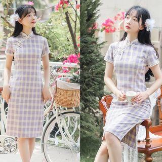 Short-sleeve Check Sheath Qipao Dress