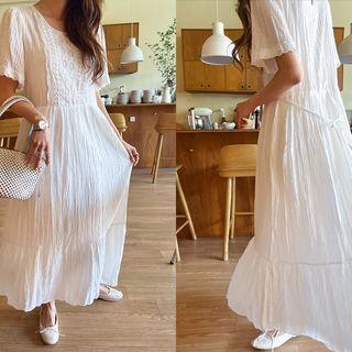 Round-neck Lace-trim Long Dress Ivory - One Size