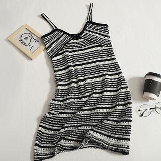 Striped Spaghetti-strap Knit Dress Black - One Size