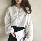 Lace Up Lace Panel Long-sleeve Blouse