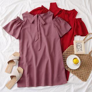 Off-shoulder Ribbon-neckline Plain Dress