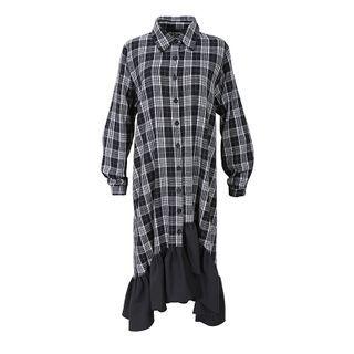 Plaid Panel Long-sleeve Midi Shirt Dress Black - One Size