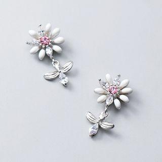 Rhinestone Flower Drop Earring 1 Pair - S925 Silver - One Size