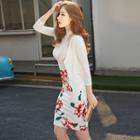 Set: Cropped Tank Top + Cardigan + Floral Print Straight Cut Skirt