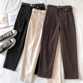 Plain High-waist Woolen Cropped Pants With Belt