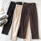 Plain High-waist Woolen Cropped Pants With Belt