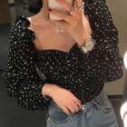 Long-sleeve V-neck Dotted Blouse Black - One Size