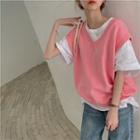 V-neck Plain Loose-fit Knit Vest Pink - One Size