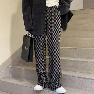 High-waist Plaid Corduroy Wide-leg Pants