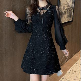 Long-sleeve Mesh Panel Ruffle Trim Mini Dress