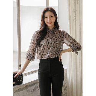 Smocked-trim Patterned Chiffon Blouse Violet - One Size