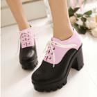 Two-tone Platform Block Heel Lace Up Shoes