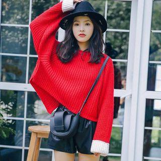 Set: Plain Sweater + Faux Leather Wide-leg Shorts