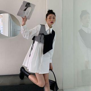 Set: Long-sleeve Mini Shirtdress + Asymmetrical Plaid Panel Cropped Vest Set - White - One Size