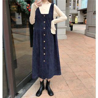 Long-sleeve Mock-neck T-shirt / Midi A-line Pinafore Dress
