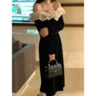 Long-sleeve Off Shoulder Velvet Dress Black & White - One Size