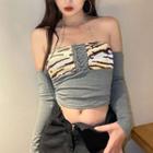 Long-sleeve Off-shoulder Chain Strap Zebra Print Halter Cropped Top As Shown In Figure - One Size