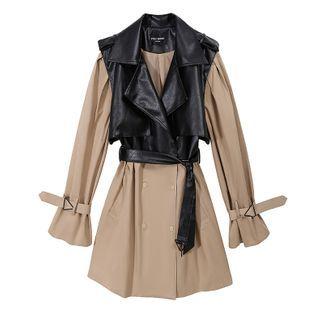 Faux Leather Panel Trench Coat Black & Khaki - One Size
