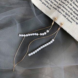 Faux Pearl Fringed Earring 01 - Silver Needle Earring - White - One Size