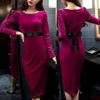 Bow-accent Pleuche Sheath Dress