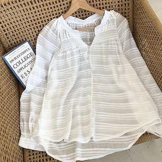 Striped Frilled V-neck Long-sleeve Blouse