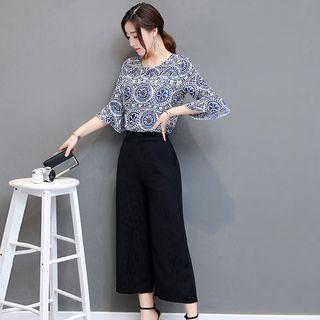 Set: Print Elbow-sleeve Chiffon Top + Wide Leg Pants