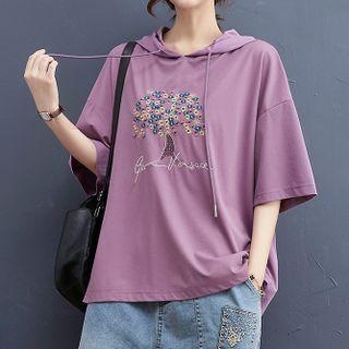 Short-sleeve Floral Embroidered Hooded T-shirt