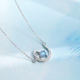 Rhinestone Moon Chain Necklace Blue & Silver - One Size