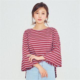 Bell-sleeve Dip-back Striped Top