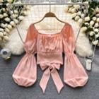 Long-sleeve Bow Cropped Blouse Pink - One Size