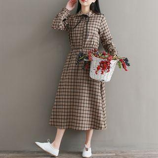 Tie-neck Plaid A-line Midi Dress