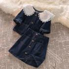 Short-sleeve Collar Lace Trim Denim Blouse / Mini A-line Skirt