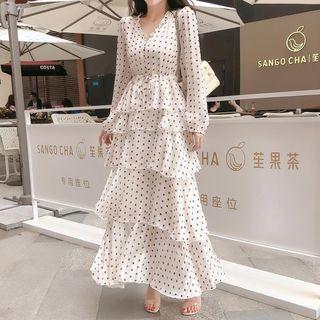 Long-sleeve Dotted Midi Tiered Chiffon Dress