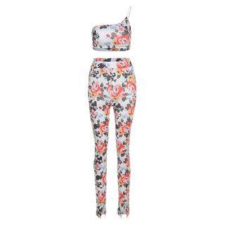 Set: Spaghetti Strap Floral Print Top + Skinny Pants