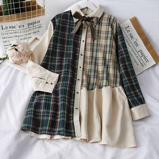 Ribbon-neckline Patchwork Shirtdress Khaki - One Size