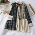 Ribbon-neckline Patchwork Shirtdress Khaki - One Size