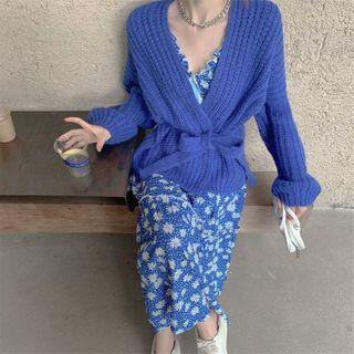 Plain Knit Cardigan / Floral V-neck Dress