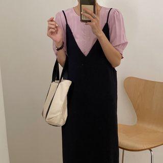 Plain Short-sleeve Blouse / Spaghetti Strap V-neck Midi Dress