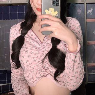 Long-sleeve Floral Print Cropped Top Floral - Pink - One Size
