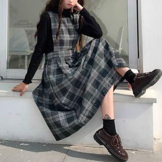 Long-sleeve Mock Neck Knit Top / Plaid Midi A-line Pinafore Dress