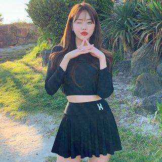 Set: Long-sleeve Lettering Tankini Top + Swim Skirt