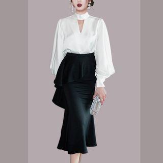 Set: Long-sleeve Cutout Blouse + Ruffled Midi Mermaid Skirt