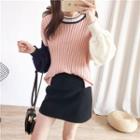 Puff-sleeve Color Block Sweater Pink - One Size