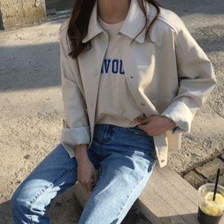 Collared Patch-pocket Faux-leather Jacket