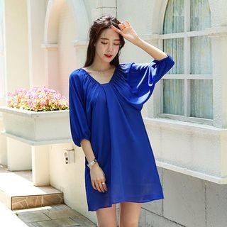 3/4-sleeve Shirred Mini Shift Dress