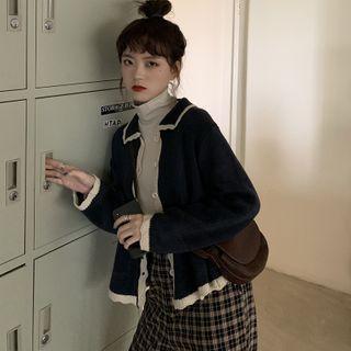 Color-block Ruffled Collared Knit Cardigan