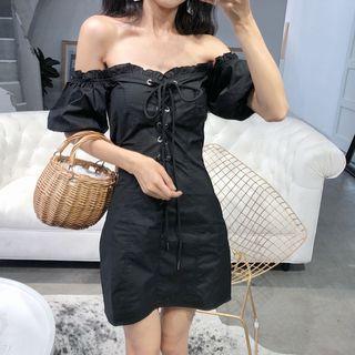 Balloon-sleeve Off-shoulder Lace-up A-line Dress