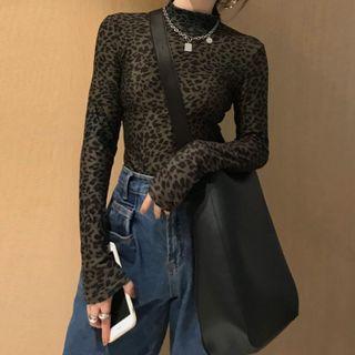 Long-sleeve Leopard Print T-shirt Leopard - Gray & Black - One Size