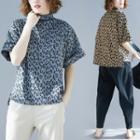 Elbow-sleeve Leopard Print Mock-neck T-shirt