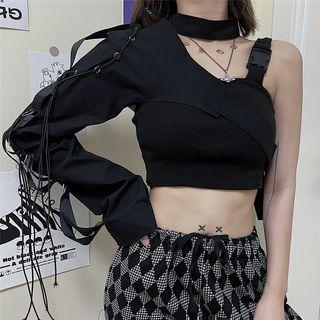 Long-sleeve Cold Shoulder Asymmetrical Crop Top Black - One Size